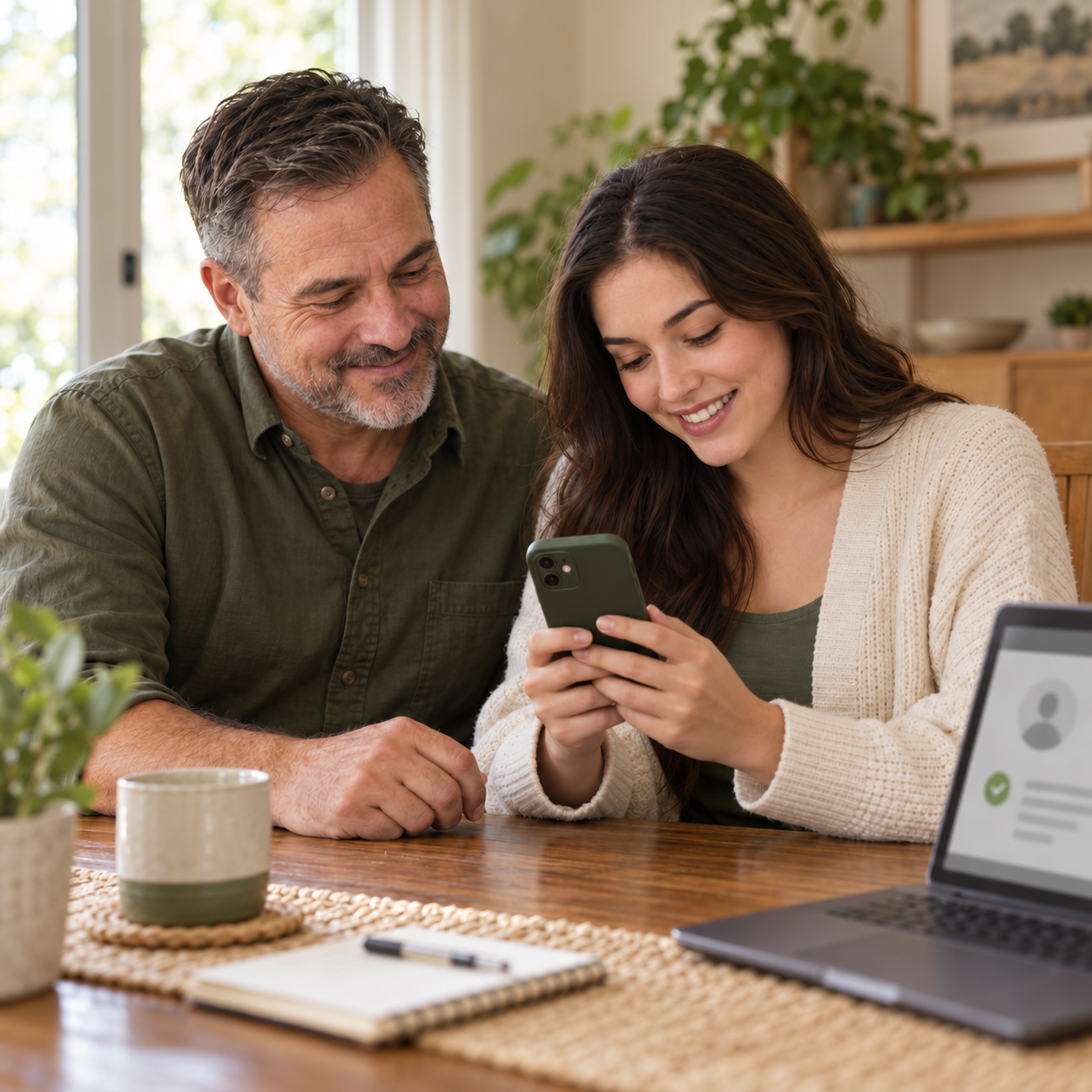 father and daughter with phone facing inward